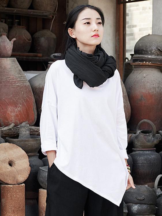 White&Gray Cropped Round-neck Ramie Cotton T-shirt