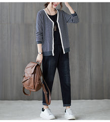 Women V-Neck Striped Sweater