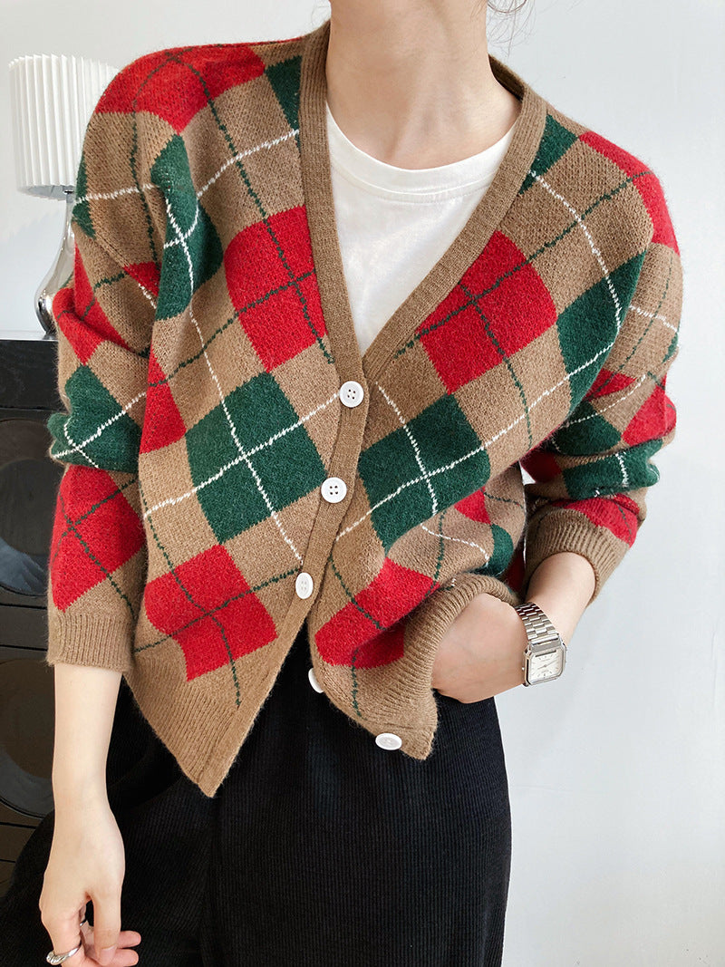 Retro Plaid Print V-Collar Casual Sweater