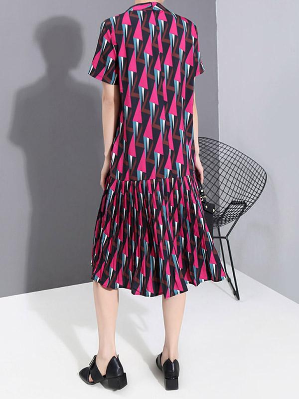Rhomboid Print Pleat Round Neck Dress
