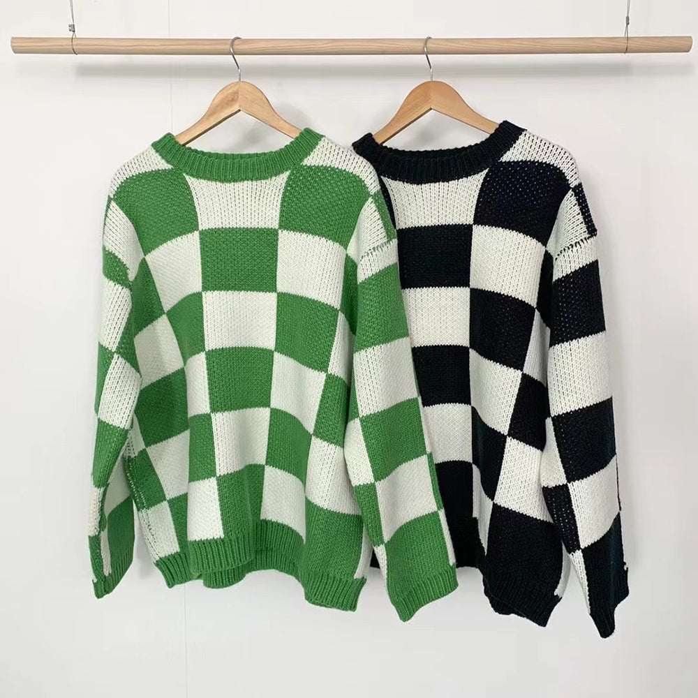 Loose Color Block Plaid Round Neck Knitted Sweater