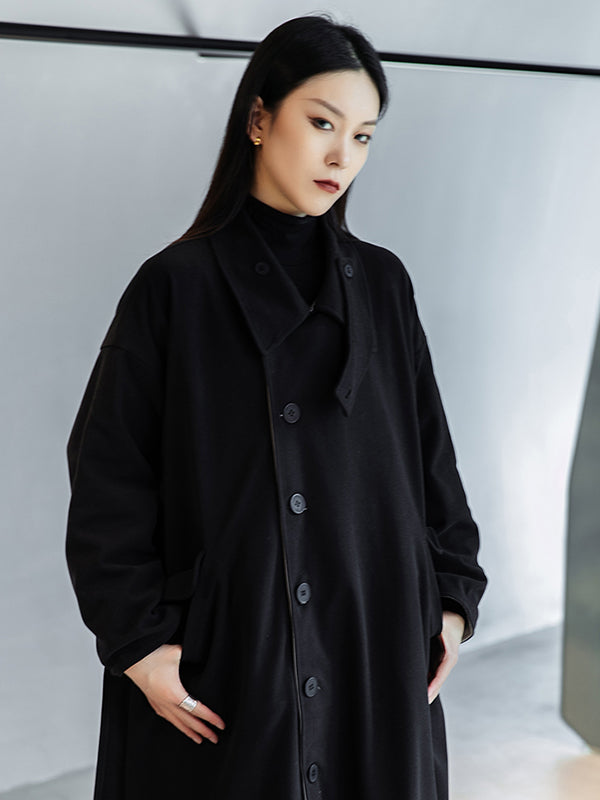 Simple Black Contrast Color Double-Faced Fleece Outwear