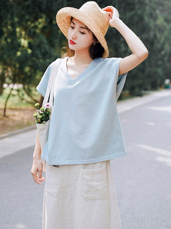 Simple Solid V-Neck T-Shirts Tops