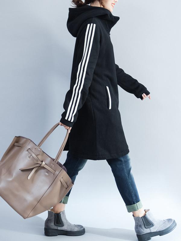 Loose Zipper Stripes Hoodie Long Coat