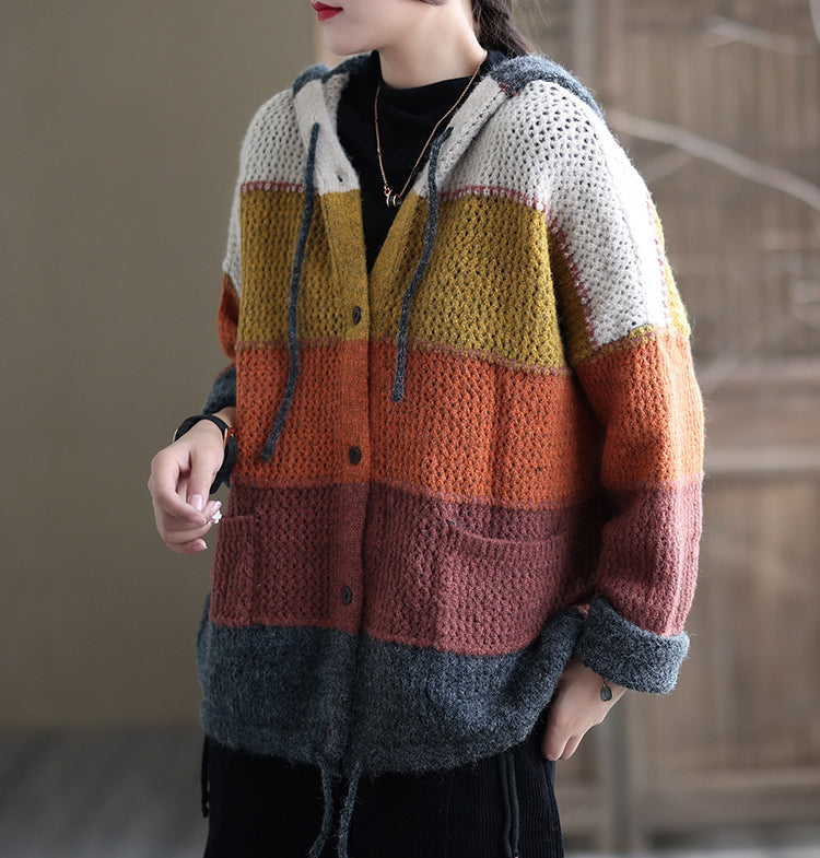 Casual Color Striped Hooded Knit Sweater