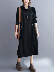 High-Neck Split-Joint Long Sleeves Midi Dress