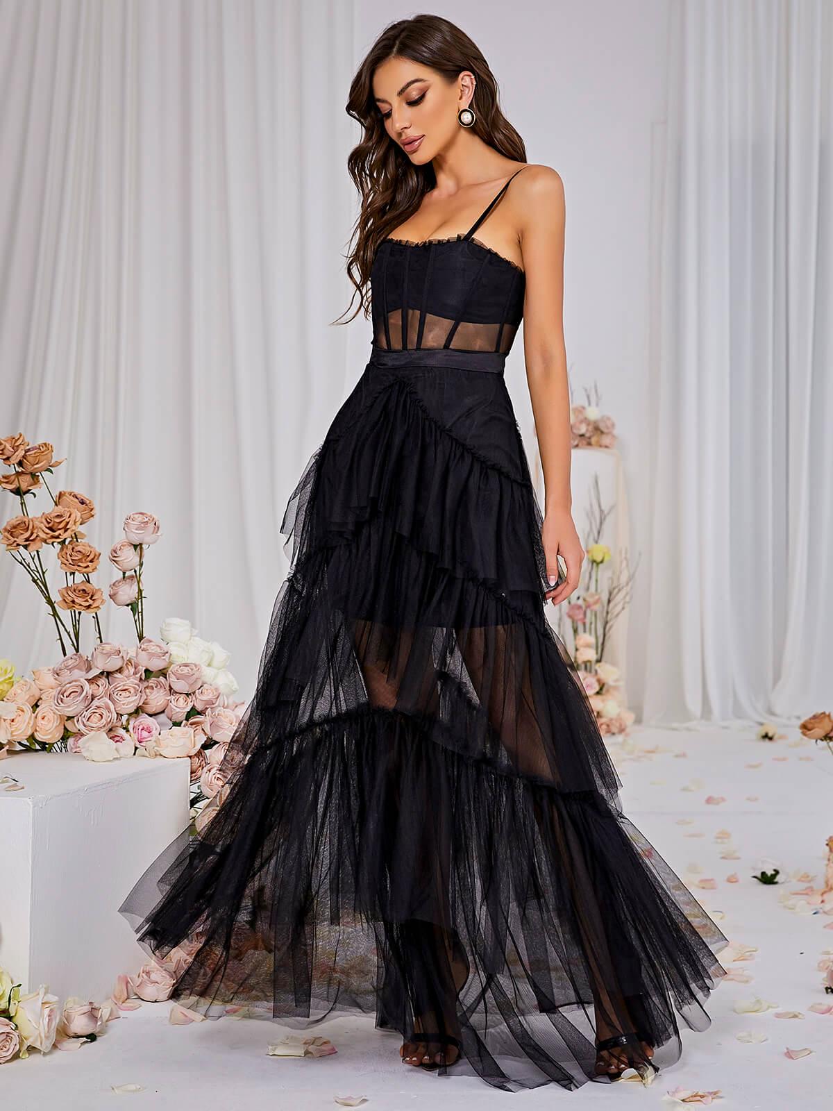 Inaya Mesh Maxi Dress In Black