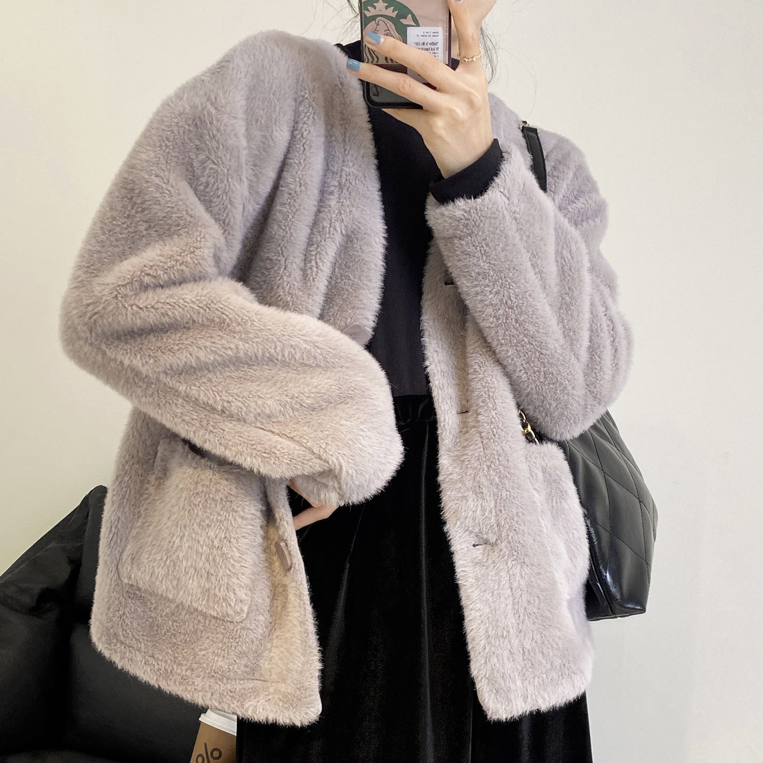 Women V-Neck Solid Color Thick Coat