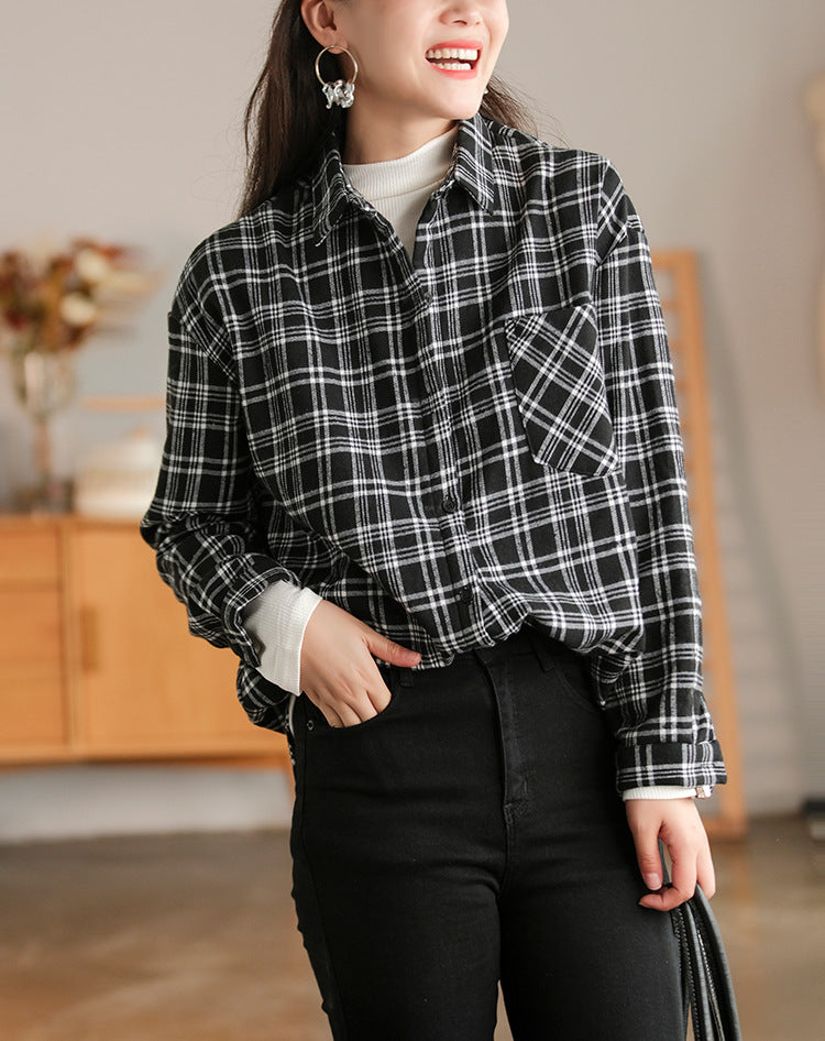 Retro Plaid Thicken Lapel Collar Shirt