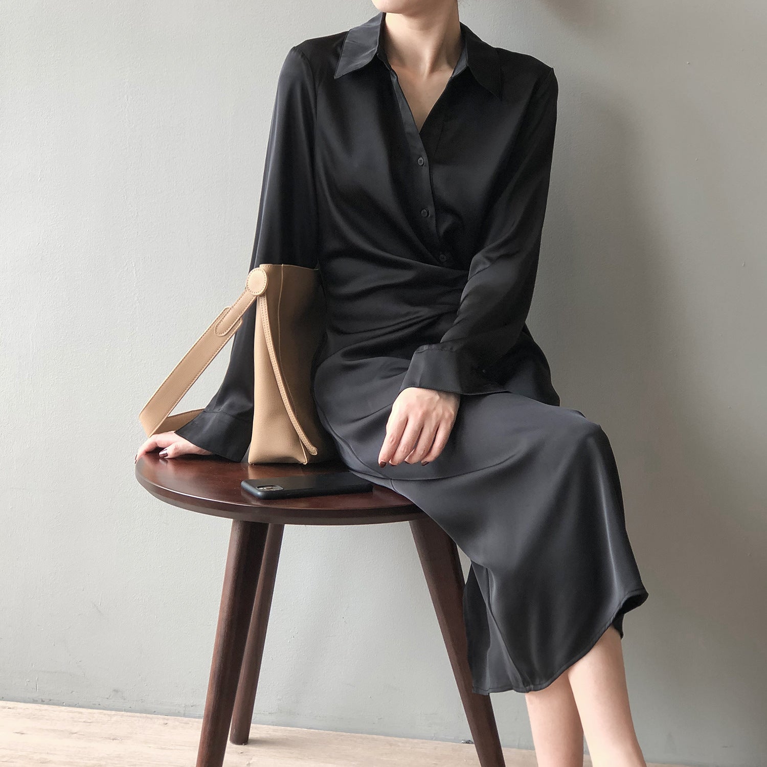 Lapel Solid Color Shirt Midi Dress