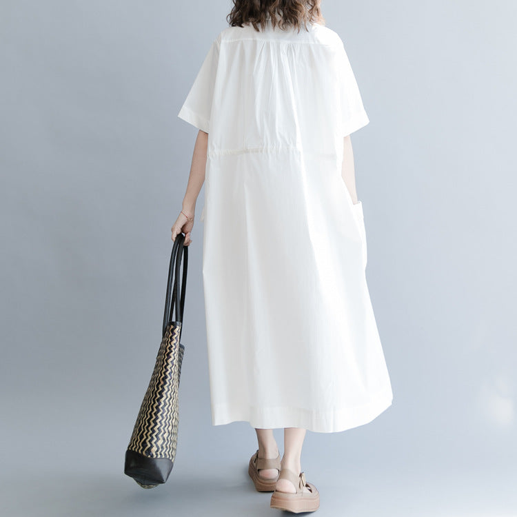 Women Solid Color Round Neck Waist Drawstring Dress