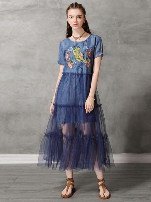 Mesh Split-joint Embroidered Midi Dress