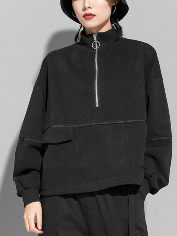 Black Solid Zipper Sweatshirt