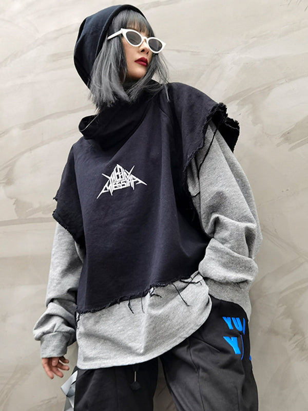 Stitching Color Block Printed High Neck Loose Casual Sweatshirt