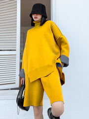 Irregular Solid Color Knitted High-Neck Suit