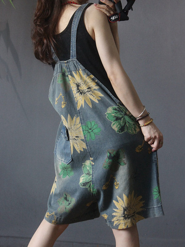 Artistic Retro Floral Denim Overalls