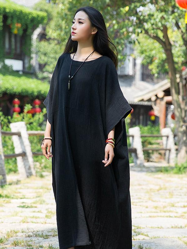 Loose Solid Batwing Sleeves Round-Neck Midi Dress