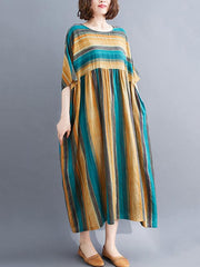 Vintage Striped Split-Joint Round-Neck Dress