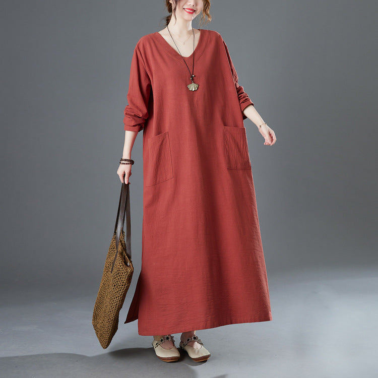 Vintage Solid Color V-Neck Midi Dress