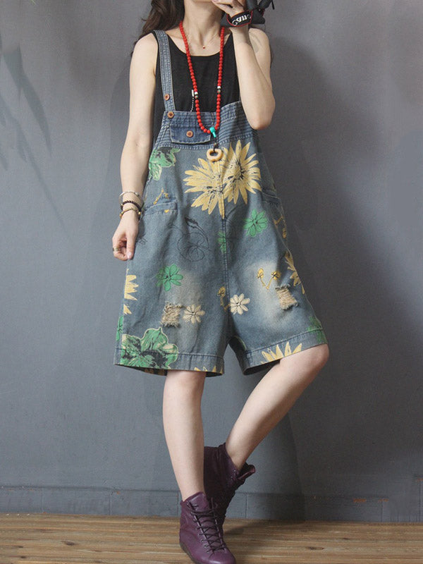 Artistic Retro Floral Denim Overalls