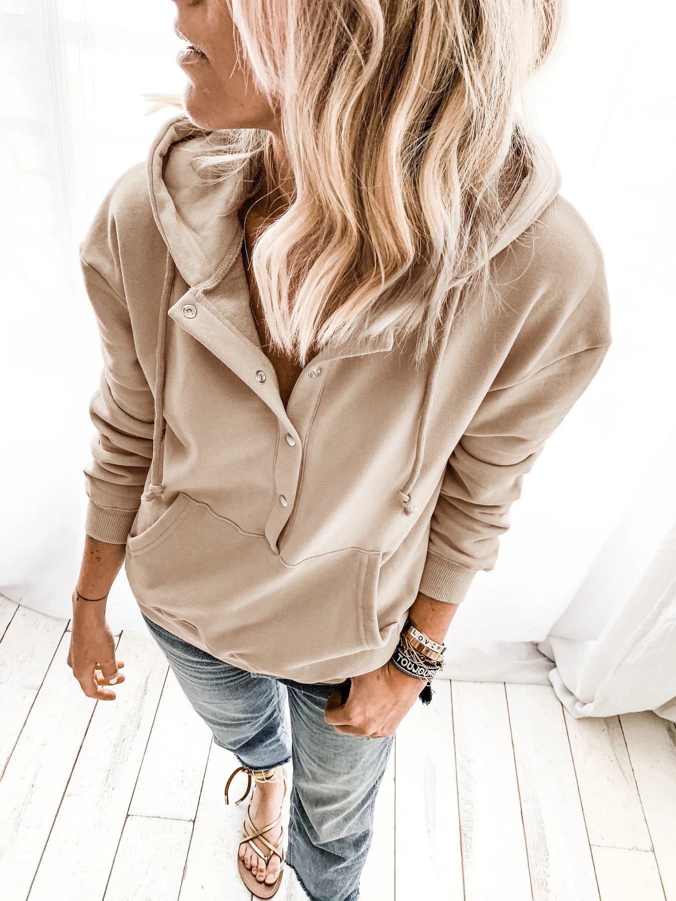 Casual Hooded Drawstring Button Hoodie