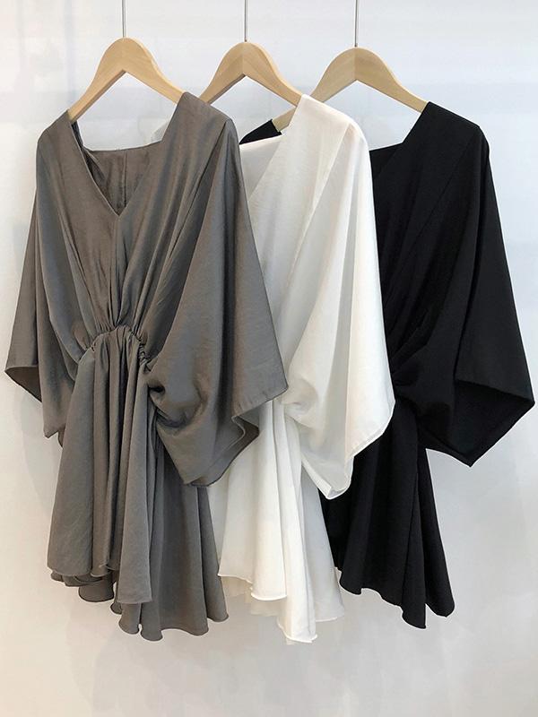 Loose Solid V-Neck Bat Sleeves Chiffon Shirt