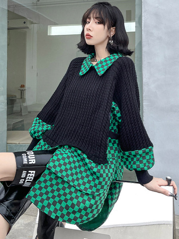 Stylish Roomy Plaid Split-Joint False Two Pullover