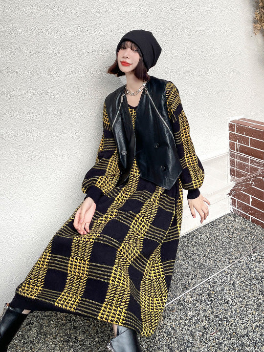Long Sleeve Loose Mid-Length Knitted Plaid Sweater Dress