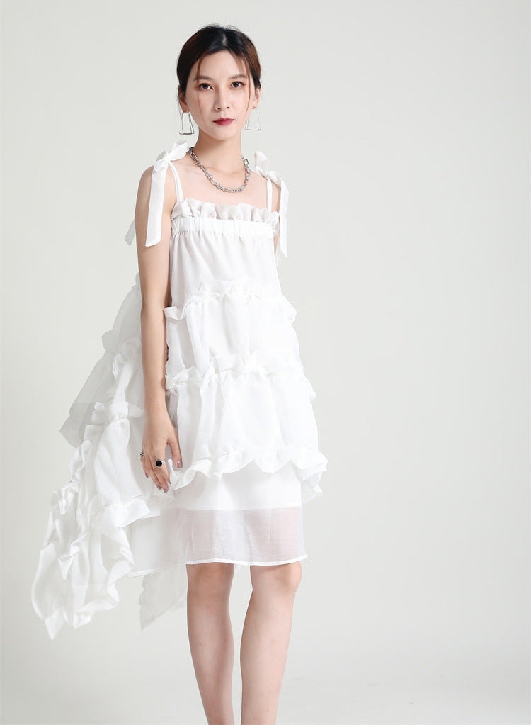 Straps Irregular Mesh Lace Pleated Dress