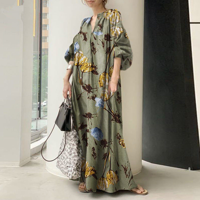 Simple Printed V-Neck Casual Maxi Dress