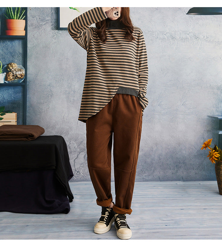 Women Striped High Neck Loose Bottoming Shirt