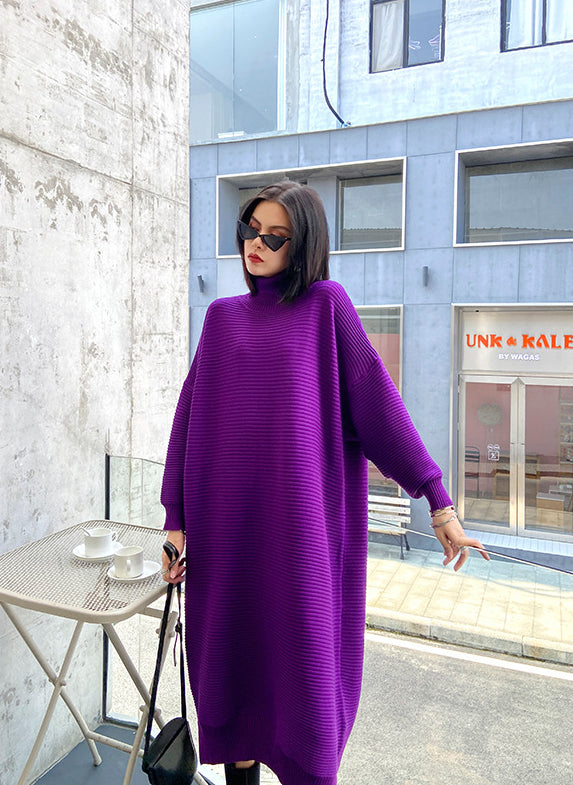 Long Sleeve Loose Sweater Dress With Irregular Splits