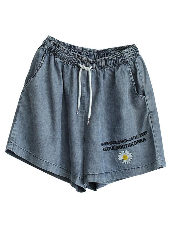 Artistic Daisy Printed Wide Leg Denim Shorts