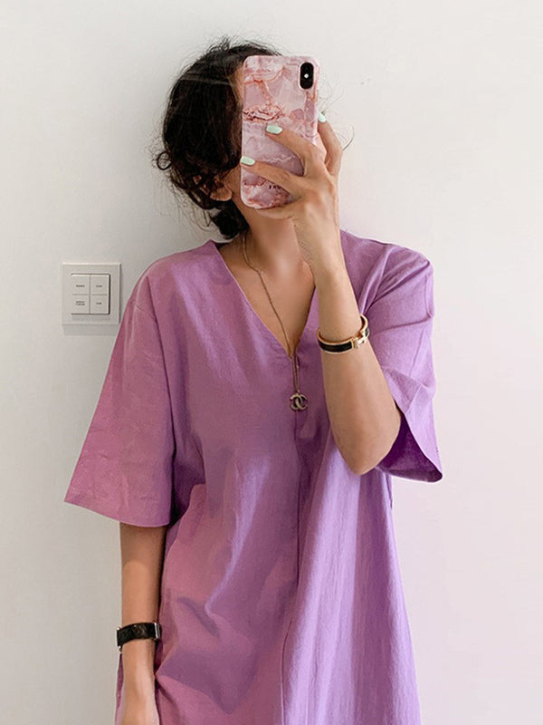 Solid Color Thin V-Neck Short Sleeve Casual Dress