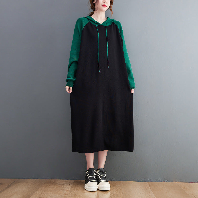 Retro Loose Color-Block Hooded Midi Dress