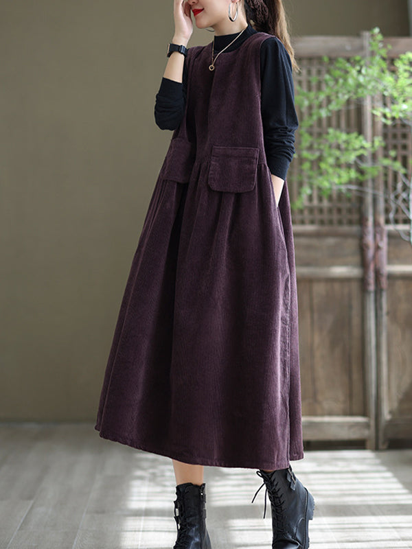 Round Neck Solid Loose Corduroy Midi Dress