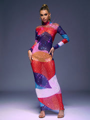 Saanvi Long Sleeve Multi Rhinestone Maxi Dress