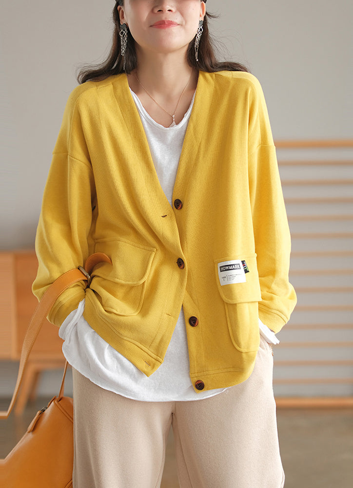 Soft And Comfortable Patch Loose V-Neck Solid Color Outwear