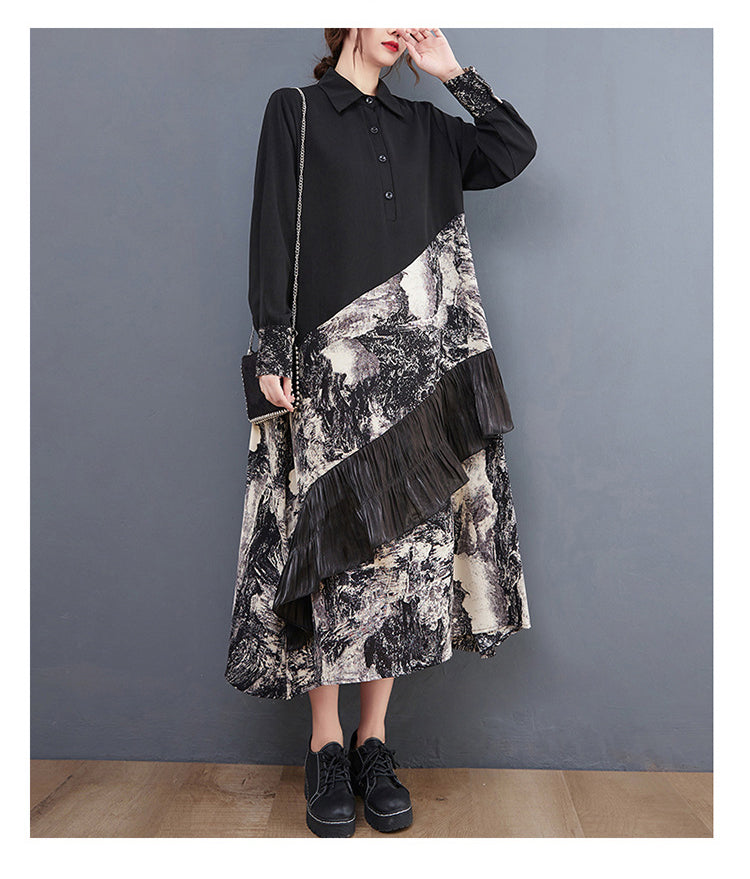 Loose Print Patchwork Shirt Midi Dress