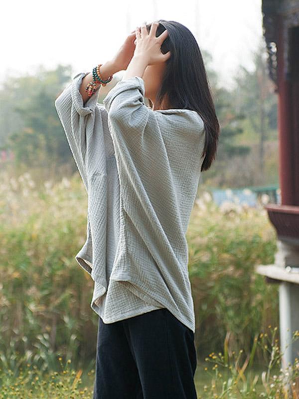 Vintage Solid Color Loose Button Bat Sleeve T-Shirt