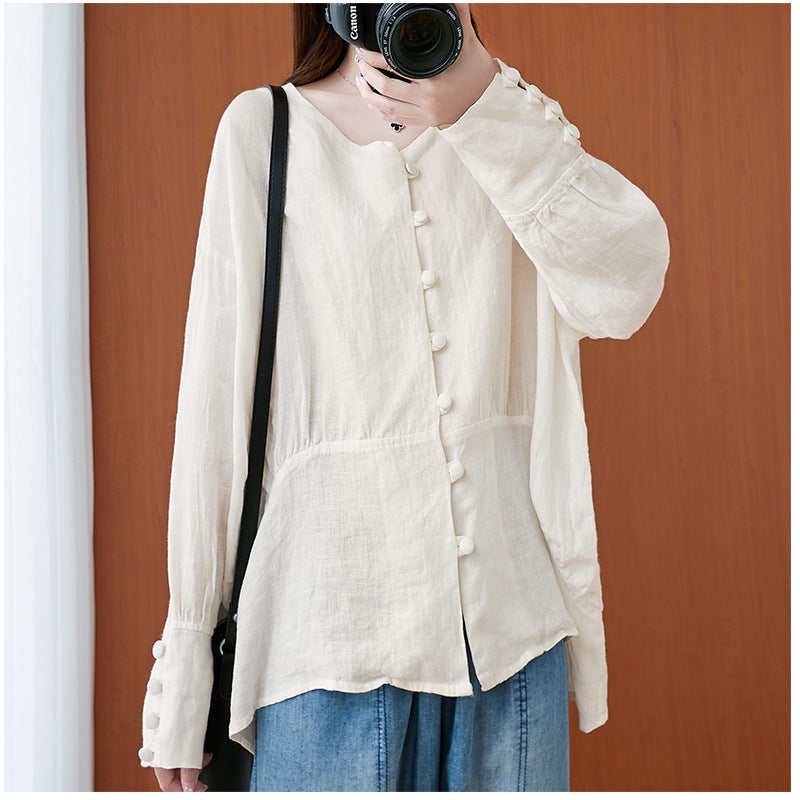 Ramie Cotton Batwing Sleeves Solid Blouse