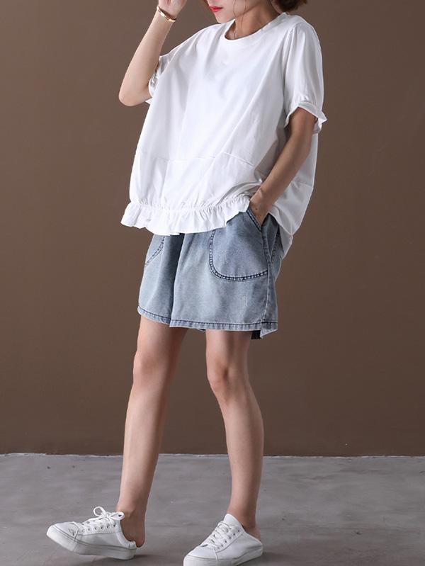 Simple Solid Pleats Falbala T-Shirt