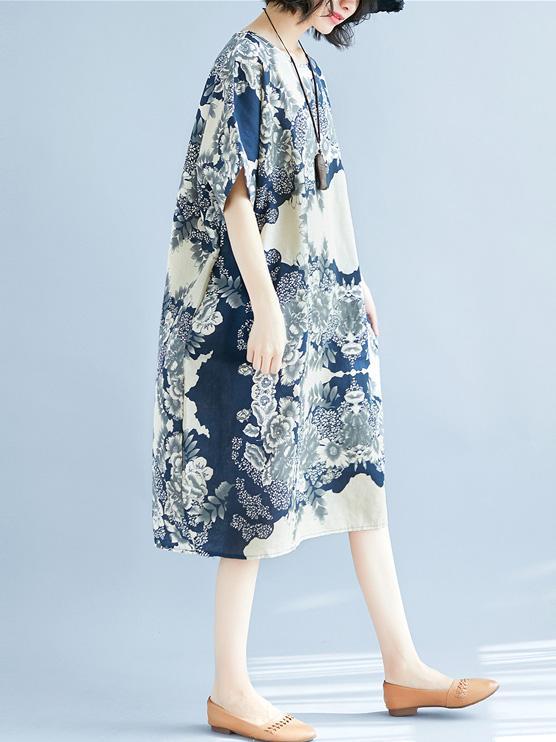 Natinal Flower Printed Linen Midi Dress