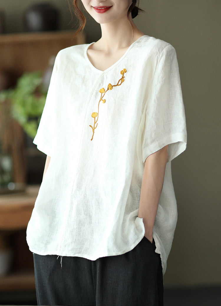 Vintage Embroidered Printed Round Neck Loose Pullover T-Shirt