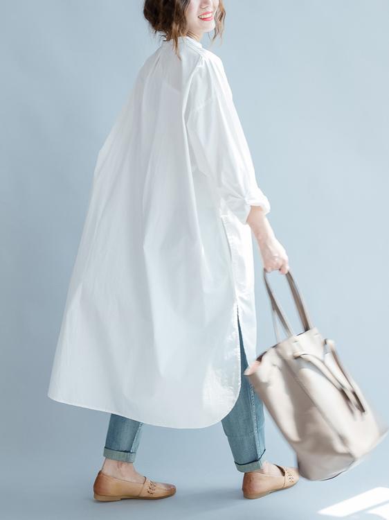 Simple Stand-collar White Long Blouse Dress