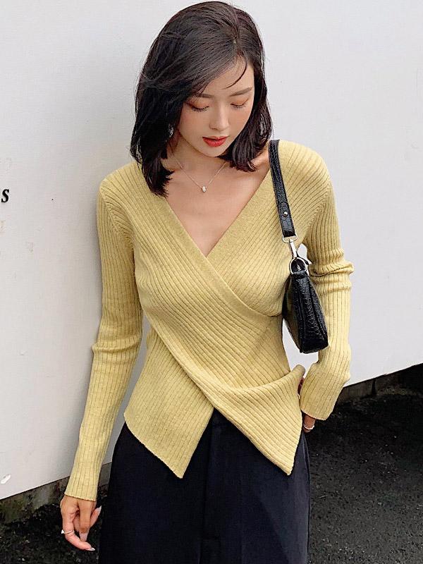 Solid Cross V-Neck Cropped Knitting Sweater