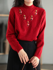 Vintage Half Turtleneck Embroidered Knit Sweater