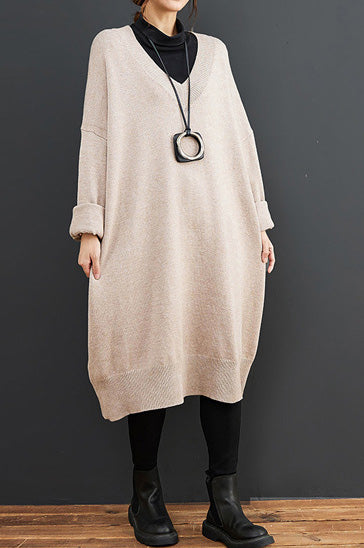 Large Size Simple Solid Color Mid-Length Knitted Sweater Dress