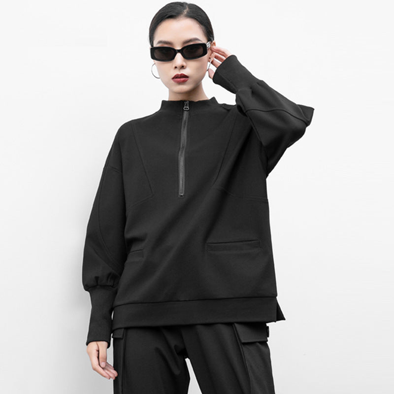 Black Zip Pullover Loose T-Shirt Tops