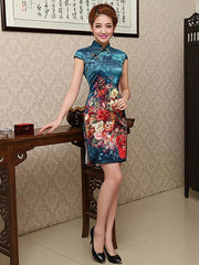 Blue Floral Short Cheongsam Dress